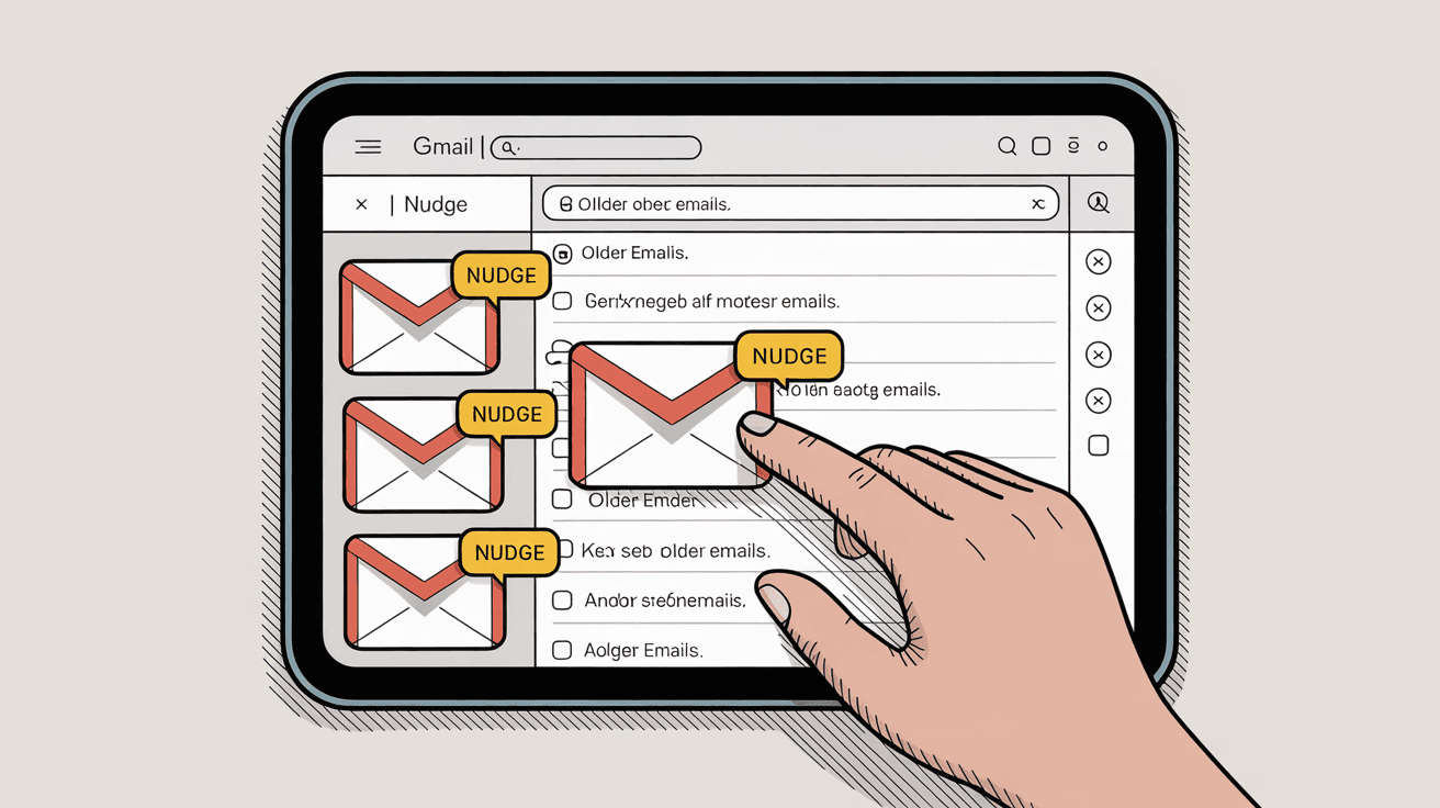 Gmail inbox interface showing nudge notifications with yellow badges on older emails needing replies